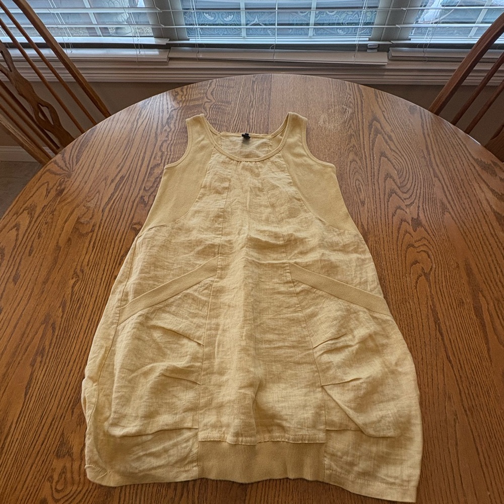 INIZIO Itlian linen dress knit panels pockets Yellow Size M Langenlook Natural